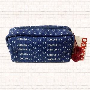 Bongo patterned cosmetics make up bag with pom pom zipper blue and red NWT OBO